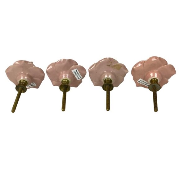 Set Of 4 Vintage Style Blush Pink Ceramic Rose Drawer Knobs With Brass Hardware - Picture 6 of 7